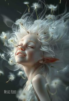 a woman with white hair and dandelions on her head, looking up at the sky