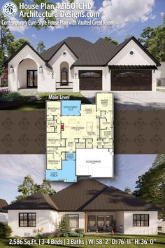 two story house plan with 2 car garage and attached living area in the front yard