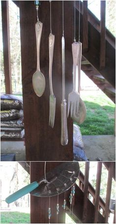 three pictures of spoons and forks hanging from the side of a wooden structure with grass in the background