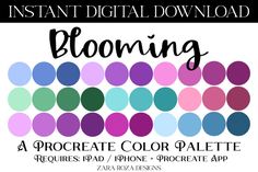 a poster with the words blooming in black and pink, blue, green, purple,