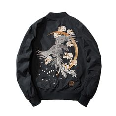 Floral Rising Phoenix Embroidered Sukajan Souvenir Jacket #SukajanSouvenirJackets Check more at https://sukajanshop.com/product/floral-rising-phoenix-embroidered-sukajan-souvenir-jacket/ Streetwear Fashion Black, Sukajan Jacket, Japan Streetwear, Retro Baseball, Pilot Jacket, Souvenir Jacket, Streetwear Mode, Harajuku Streetwear, Style Japonais