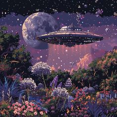 a painting of an alien ship floating in the sky over flowers and trees with a full moon behind it