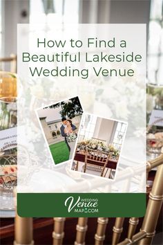 an advertisement for a beautiful lakeside wedding venue with photos of the bride and groom on their chairs