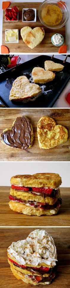 four different types of sandwiches on trays and in pans, with chocolate spread over them