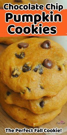 two chocolate chip pumpkin cookies stacked on top of each other with the title super soft cookie recipe