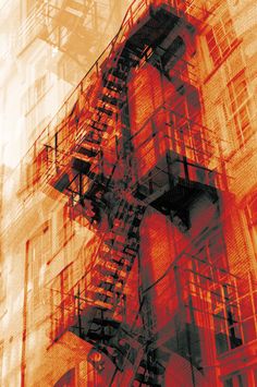 an image of a fire escape going up the side of a building in red and orange