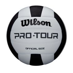 a white and black volleyball ball with the words wilson pro tour on it's side