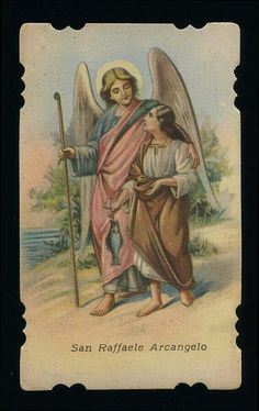 an old fashioned christmas card with an angel holding a stick and another person standing next to it