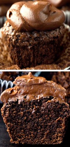 two pictures of chocolate cupcakes with frosting on top