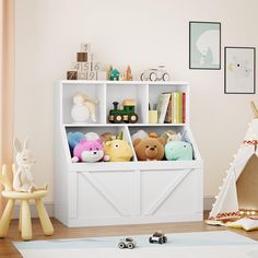 a child's playroom with toys and stuffed animals