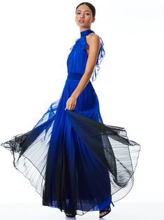 Dita Bow Neck Open Back Pleated Maxi Dress In Winter Ombre Royalty | Alice And Olivia Cropped Moto Jacket, Alice And Olivia, Pleated Maxi, Pleated Maxi Dress, High Neckline, Winter Dresses, Dress With Bow, Royalty, Maxi Dress