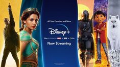 the poster for disney + now streaming is shown in multiple different colors and sizes, with characters from various films