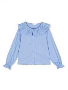 cornflower blue cotton poplin texture pleated collar front button fastening long puff sleeves elasticated cuffs straight hem Cotton Tops With Ruffled Collar, Cotton Top With Ruffled Collar, Blue Pleated Summer Tops, Blue Pleated Tops For Summer, Blue Blouse With Pleated Sleeves For Spring, Blue Cotton Blouse With Smocked Cuffs, Fall Pleated Collared Tops, Blue Blouse With Ruffled Collar For Daywear, Cotton Pleated Tops For Work