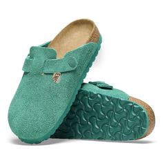 Boston Suede Leather Digital Green | BIRKENSTOCK Green Birkenstock, Birkenstock Boston Suede, White Birkenstock, White Birkenstocks, Birkenstock Styles, Boston Clogs, Women Slides, Clog Sandals, Birkenstock Boston