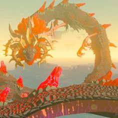 an animated image of a dragon on a bridge with red and orange flowers in the foreground