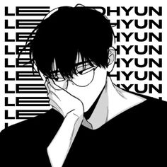 an anime character with his hand to his face, in front of a black and white background