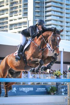 a woman riding on the back of a brown horse jumping over an obstacle in front of a crowd