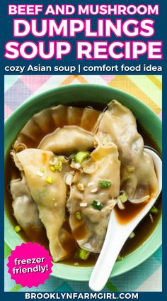 a bowl of dark broth with dumplings and green onions with an Asian spoon Dumplings Soup Recipe, Ground Beef And Mushrooms, Mushroom Dumplings, Beef And Mushrooms, Dumplings Soup, Asian Soup Recipes, Soup Dumplings, Frozen Dumplings, Dumpling Filling