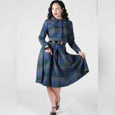 The Perfect Vintage Pleated Separate Is Back! The Belmont Skirt Has Envelope Front Pockets And A Two-Inch-Wide Waistband With Loops Which Allows This Skirt To Pair Perfectly A 2inch Pu Belt (Included). This Classic Swing Skirt Is Lined And Heavy Enough To Keep You Warm And Stylish All Winter Long. Product Details: Bestseller Wool-Like Synthetic Material Front Pockets Green And Blue Plaid Jacket Sold Separately Back Zipper Closure With Top Button 100% Poly Care Instructions: Dry Clean Fitted Belted Blue Skirt, Fitted Blue Belted Skirt, Blue Fitted Belted Skirt, Navy Tights, Grey Plaid, Gray Plaid, Plaid Jacket, Wide Waistband, Crop Jacket