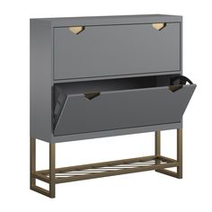 a gray cabinet with two drawers on the bottom and one drawer open to reveal an item