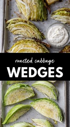 grilled cabbage wedges on a baking sheet with ranch dressing