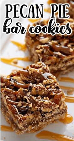 two pieces of pecan pie bar cookies on a white plate with caramel drizzle