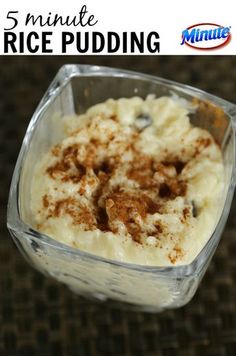 this is an image of rice pudding in a glass dish with cinnamon on top and the words 5 minute rice pudding above it