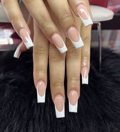 Beige And White French Tip Nails, Medium White French Tip Acrylic Nails, Square Acrylic Nails White French Tips, Regular White French Tip Nails, Mid French Tip Nails, While French Tip Nails, Short Square Acrylic Nails White French Tips, White French Tips Coffin Shape, White Deep French Tip Nails