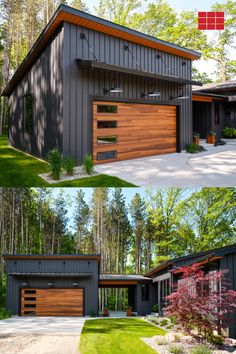 two pictures of the same house with different garage doors and windows, one is open to reveal