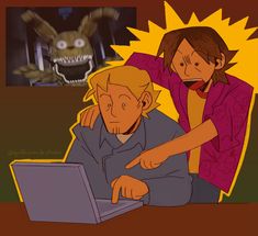 two people looking at a computer screen with an evil monster in the back ground behind them