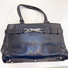 Originally $398 Vintage Coach Leather Hampton Black Handbag Creed Circa 2001-2010. First Owner. Excellent Pre-Owned Condition, Never Used. Tiny White Mark On Corner From Storage, See Last Photo For Close Up. Two Handle, Zip Closure Black Leather Bag. Metallic Feet. Tag Coach Tag A0751f08a71 Length: 14" Height: 9" Width (Base): 3.5" Coach Parker, Brown Satchel, Coach Satchel, Teal Leather, Black Leather Bag, Black Handbag, Black Leather Handbags, White Mark, Black Leather Bags