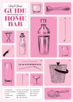 an illustrated guide to creating your home bar with pink and black illustrations on the front