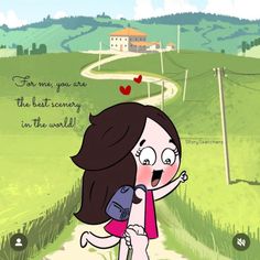 a cartoon girl is walking down a path with her back to the camera and holding onto a backpack