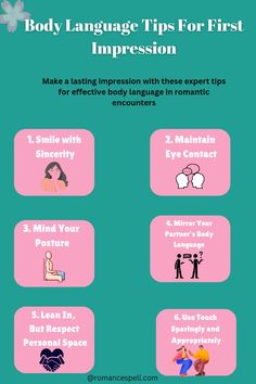 the body language tips for first impression is shown in this graphic above it's description