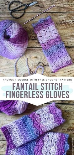 the finished crochet fingerless gloves are shown with yarn and scissors