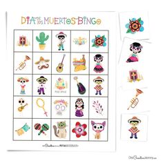 a printable dia de muertos bingo game with pictures of people and objects