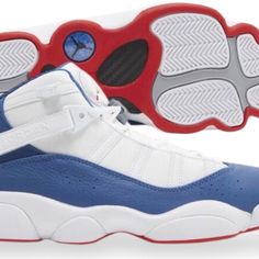 Air Jordan 6 Rings White True Blue Red Mens Basketball Shoes 322992 140 New Name: Air Jordan 6 Rings Gender: Mens Category: Basketball Color: White/True Blue-University Red Size: All Retail: $170.00 Condition: New With Box: Yes Blue Sneakers With Red Sole And Round Toe, High-top Blue Basketball Shoes With Red Sole, Blue Sneakers With Red Sole For Sports, Air Jordan 6 Rings, Jordan 6 Rings, Mens Basketball Shoes, Air Jordan 6, 6 Rings, Jordan 6