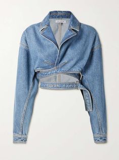 ALAÏA Archetypes cropped wrap-effect denim jacket | NET-A-PORTER Chic Long-sleeve Denim Cropped Jacket, Chic Long Sleeve Denim Cropped Jacket, Chic Denim Cropped Jacket With Long Sleeves, Fitted Cropped Jacket For Spring, Chic Cropped Denim Jacket For Work, Spring Denim Cropped Jacket, Chic Cropped Denim Jacket, Chic Denim Cropped Jacket, Denim Cropped Jacket For Workwear