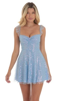 Sequin Ruffle Strap A-Line Dress in Blue | LUCY IN THE SKY Lucy In The Sky Dress, Hoco 2024, Bat Mitzvah Dresses, Pretty Clothing, Cute Formal Dresses, Beaded Fabric, Future Room, Blue Homecoming Dresses, Lucy In The Sky