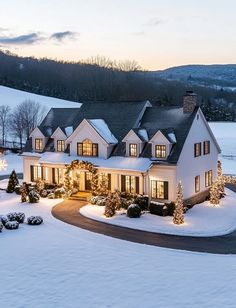 a large white house with christmas lights on it's windows and trees in the snow