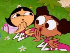 two cartoon characters are sitting in the grass and one has her hand on her mouth