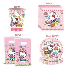 hello kitty birthday party supplies including plates, napkins and cups for kids to enjoy