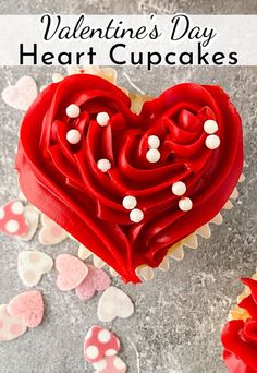 valentine's day heart cupcakes with red frosting and white sprinkles