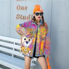 Free Shipping With $35+ Brand Name Awakecrm Material COTTON Origin US(Origin) Season Spring/Autumn Pattern Type Cartoon Clothing Length Regular Age Ages 18-35 Years Old Collar Turn-down Collar Closure Type Single Breasted Item Type Outerwear & Coats Sleeve Length(cm) Full Sleeve Style Regular Cartoon Leopard, Women Denim Jacket, Colorful Graffiti, Making Clothes, Painted Denim Jacket, Retro Jacket, Female Cartoon, Painted Denim, Cartoon Outfits