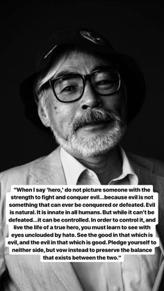 an older man wearing glasses and a hat with a quote from the author on it