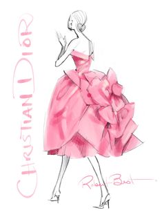 a drawing of a woman in a pink dress