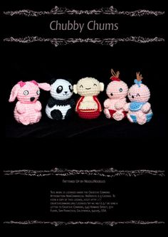 an advertisement for chubby chums with four stuffed animals in different colors and sizes