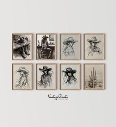 six black and white drawings of people in cowboy hats on a wall above a chair