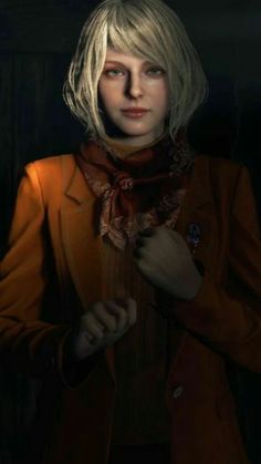 a woman with blonde hair wearing an orange jacket and red scarf standing in the dark