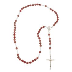 This Murano Glass Rosary Necklace features beautiful red sparkly beads and a silver-plated crucifix handcrafted by the skilled master glass-makers in a family-owned workshop on Murano island in Venice, Italy. The rosary necklace is created by hand using ancient glass-making tools and techniques. This is a beautiful religious gift with an Italian flair that will be uniquely appropriate for a special occasion. Measurements: Full Length is 27 inches. The length from the centerpiece to the bottom of Handmade Red Crucifix Jewelry, Murano Glass Jewelry, Glass Making, The Rosary, Rosary Necklace, Making Tools, Genuine Leather Bags, Velvet Bag, Elegant Accessories